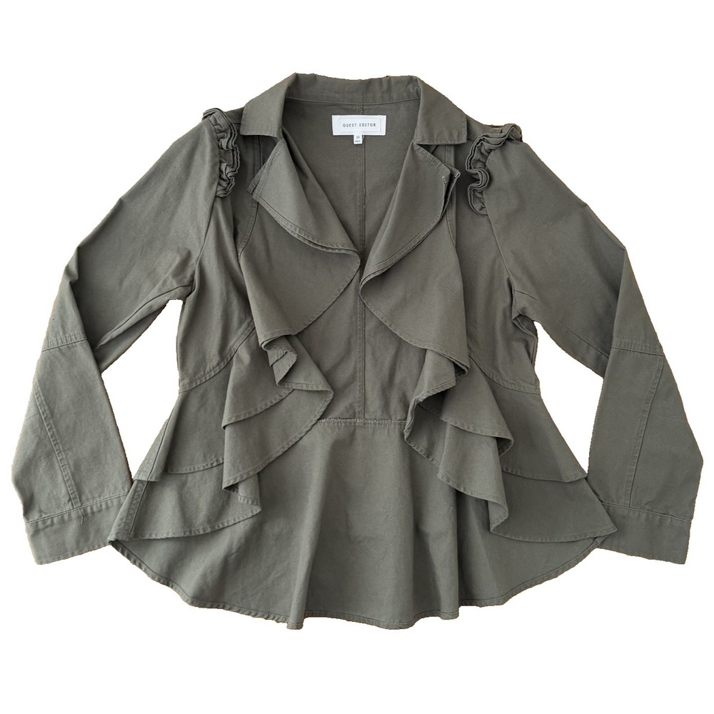 Anthropologie‎ Cotton Utility Moto Jacket Ruffle Army Military Women M